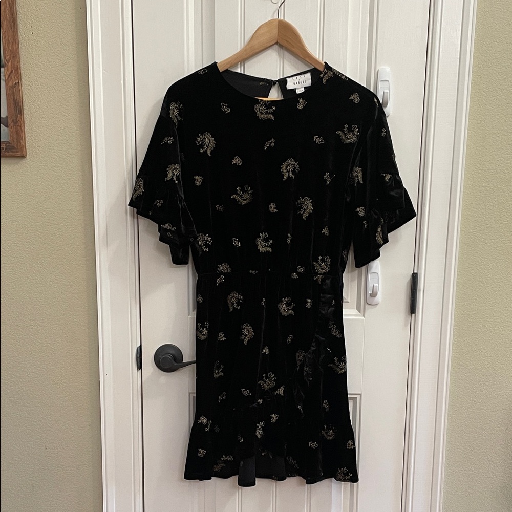 Lost + Wander Crushed Black Velvet Dress with Gold Embroidery Dark Romantic